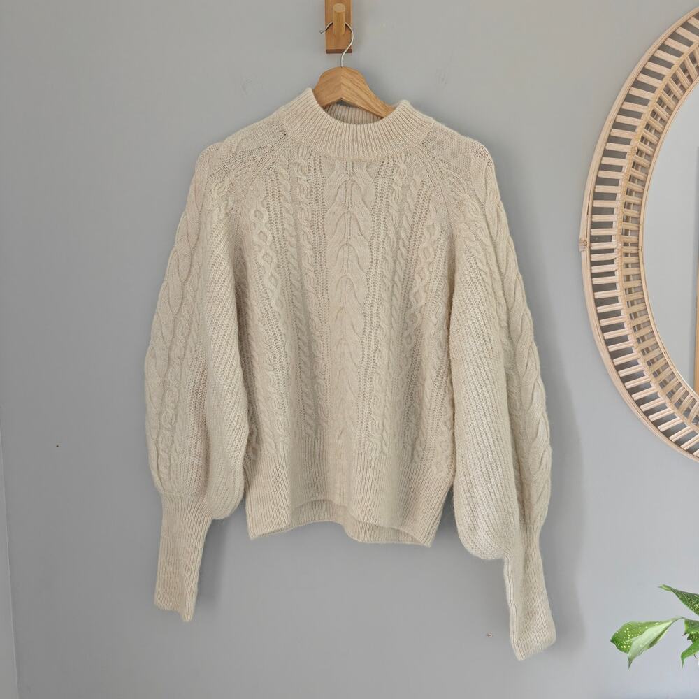 H&M Alpaca Wool Blend Cream Cable Knit Balloon Sleeve Sweater S Used Once